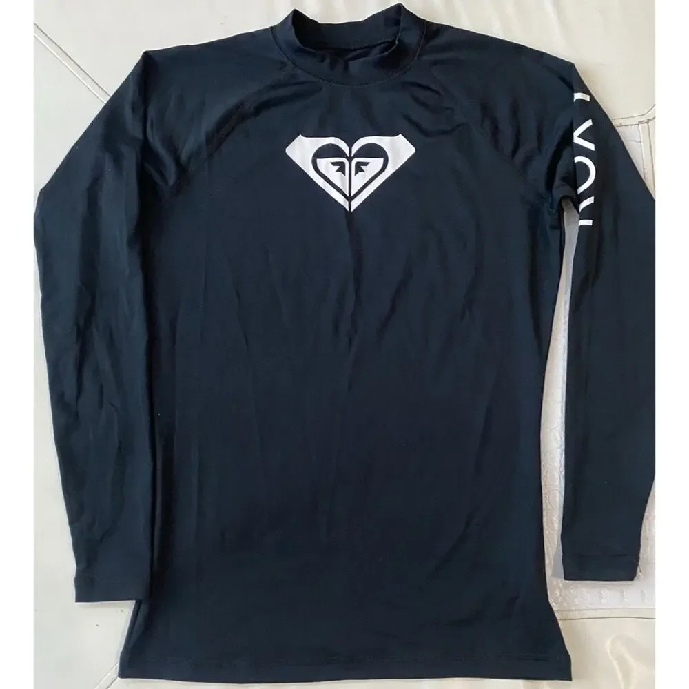 Roxy Girls While Hearted Long Sleeve Rashguard Black Swim Top Large 12